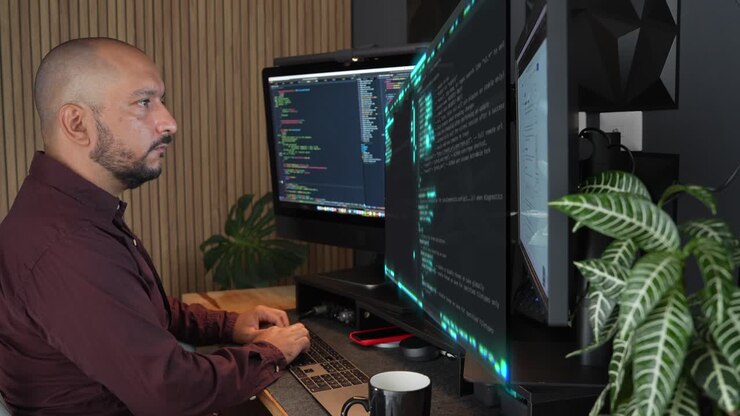 Sviluppatore software ispanico di mezza età che lavora da casa su uno schermo olografico VFX.