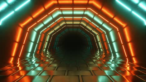 volando en un brillante túnel geométrico de neón. tecnología futura. espectro de colores moderno. interior de la habitación con lámparas fluorescentes de neón brillantes. fondo de arquitectura futurista. bucle de costuras 3d render