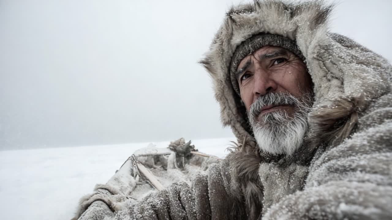 A solitary figure braves the harsh winter landscape, wrapped in a fur coat, enduring snow and wind in a desolate, icy wilderness, reflecting on survival and resilience