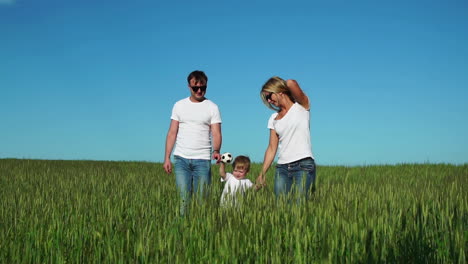 mother father and son walk in the field with spikes in white t-shirts and jeans smiling cheerfully at each other