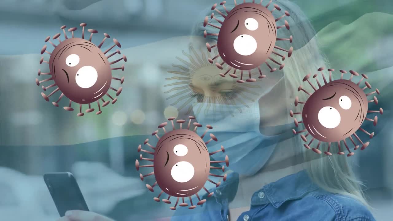 animación de células de virus y bandera de argentina sobre mujer caucásica usando teléfono inteligente con máscara facial
