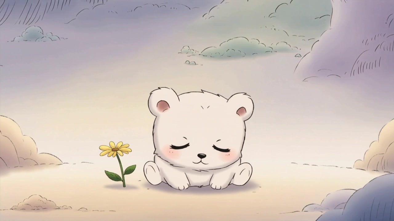 Câmera recuando mostrando urso branco sentado enquanto cochila em nuvens pastel, margarida amarela.