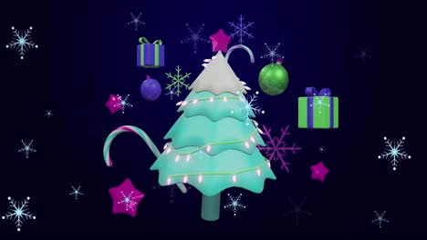 animación de copos de nieve sobre el árbol de navidad y decoraciones sobre fondo negro
