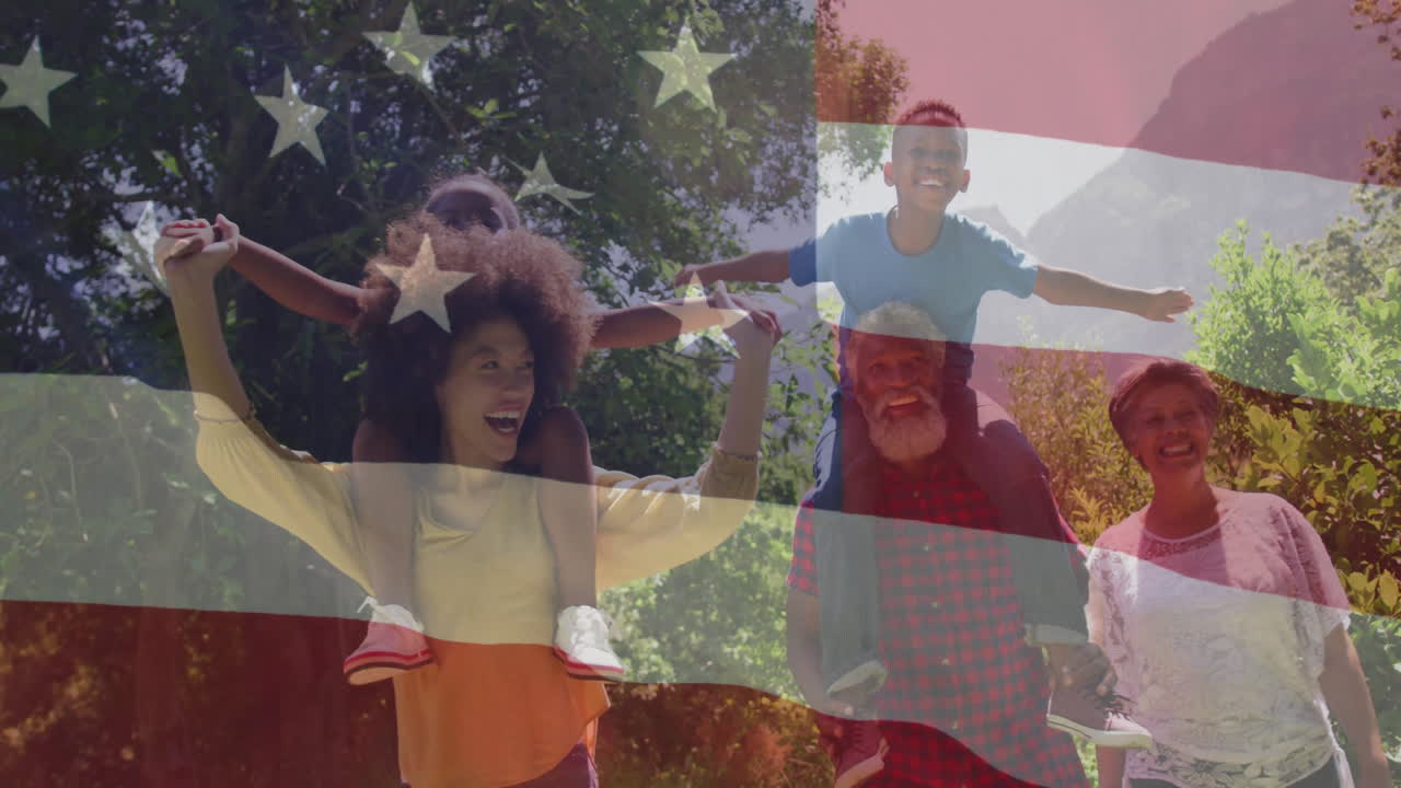 Family with American flag overlay spending happy time outdoors, smiling and bonding