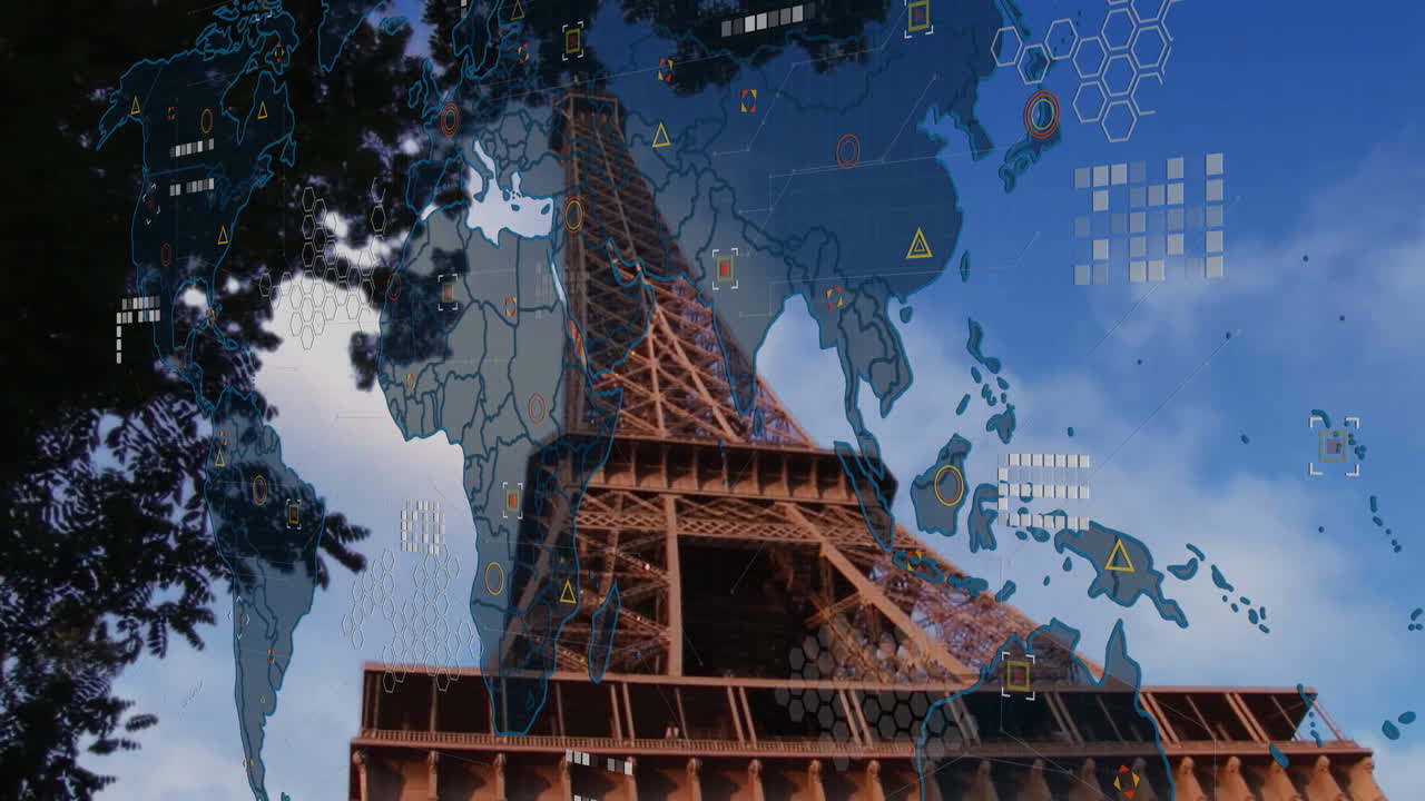 Eiffel Tower with digital world map and data processing animation overlay