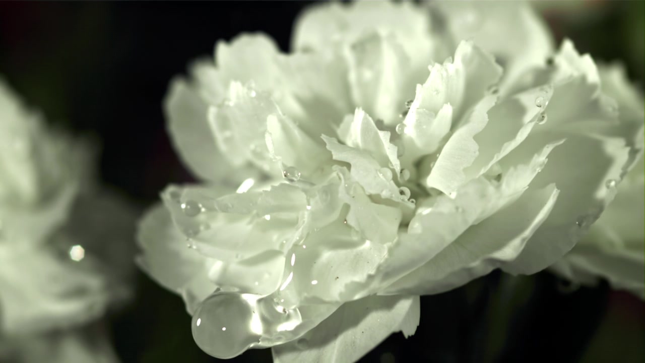 Slow Motion Water Drops on Delicate White Carnation