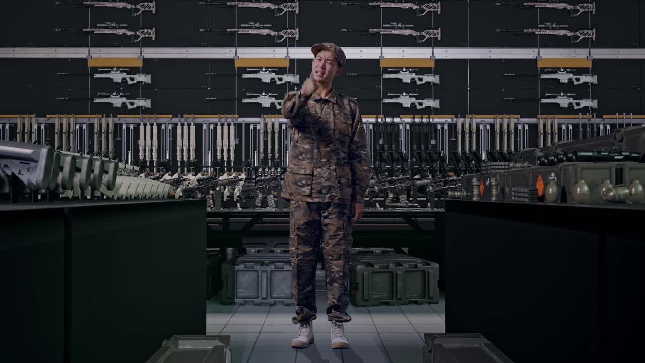 uomo asiatico soldato a figura intera che urla verso la telecamera nell'armeria militare