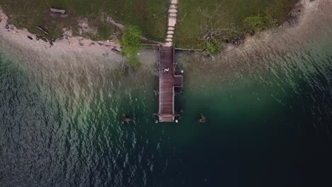 Hombre-Caminando-En-La-Plataforma-Molo-En-El-Lago-De-Agua-Azul