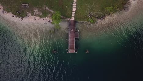 hombre caminando sobre la plataforma molo en el lago de agua azul