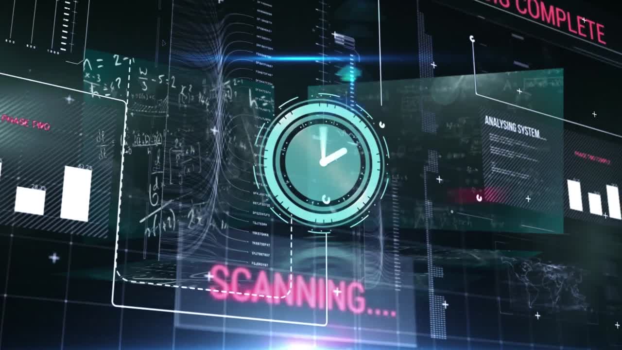 Animation of clock ticking and data processing over screens