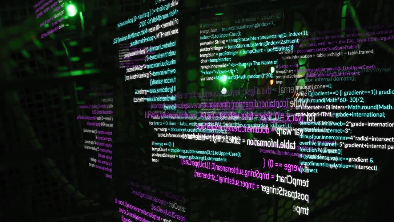 Ouverture d'un panneau de code, des panneaux de code émergent, tournent et fusionnent en un rendu de cube de données 3D en rotation