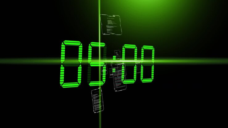 Animation of green scanner beams and countdown clock over interfaces processing on dark background
