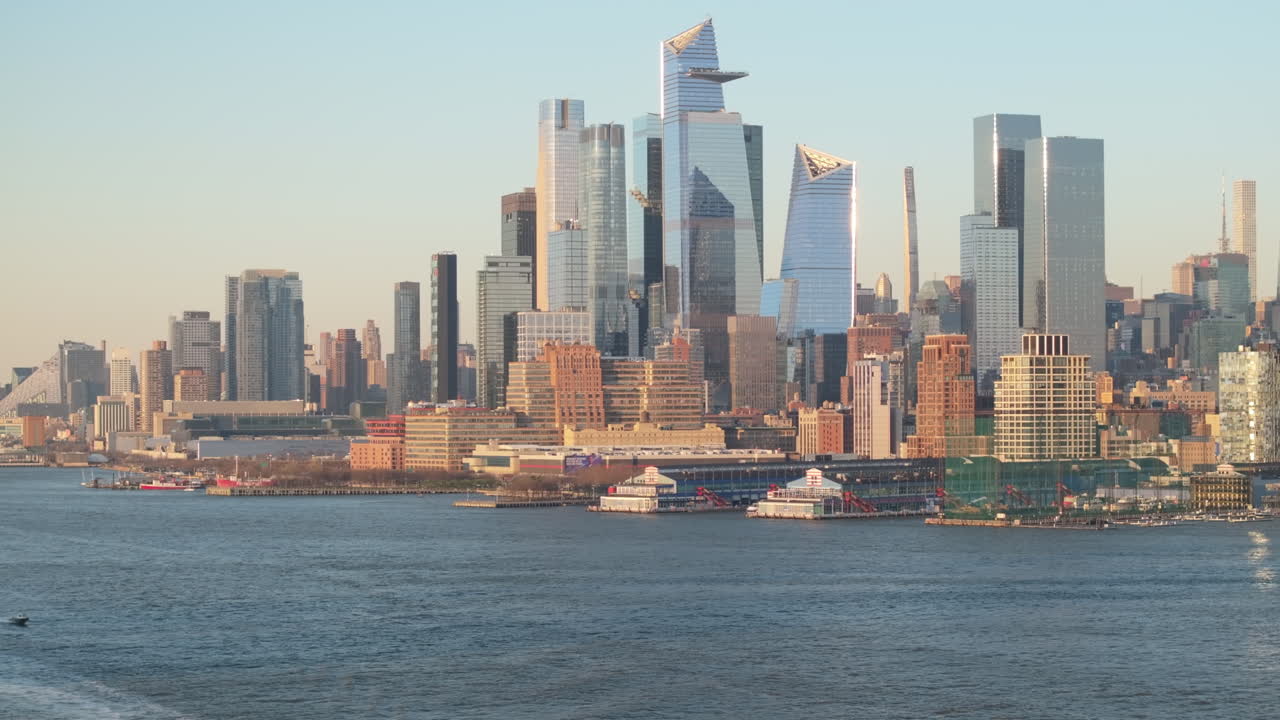 Aerial view of Hudson Yards shot along The Hudson River.