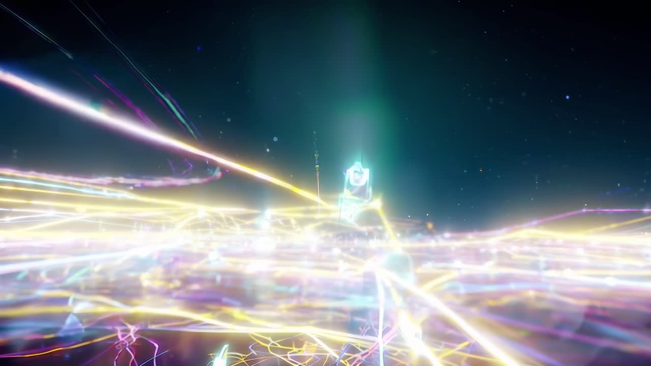 Futuristic video concept with a wide-angle view of glowing neon lines and digital energy