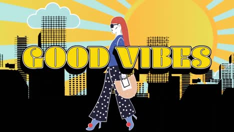 animation of vibes text and fashion drawing of model over cityscape