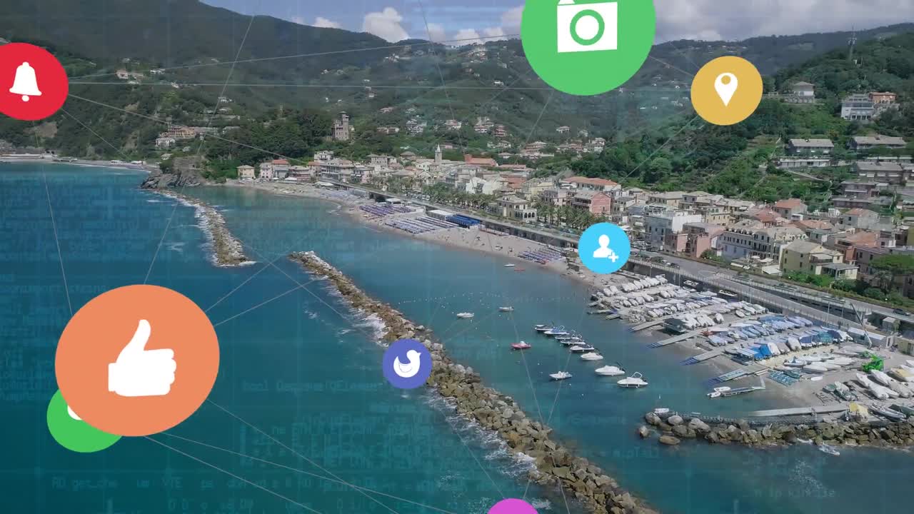 web de iconos de conexiones y procesamiento de datos contra una vista aérea de una ciudad