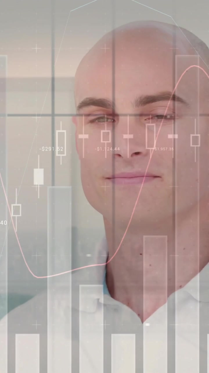 Animation of financial data processing caucasian businessman using tablet