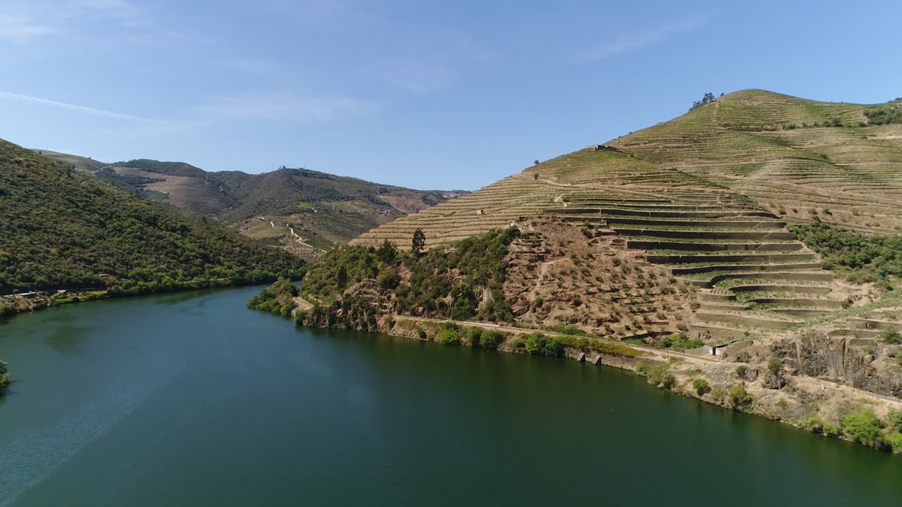 Sorvolo di un vigneto a terrazze su una collina nella Valle del Douro in Portogallo
