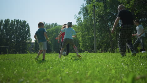 a family enjoys a sunny day playing football on a lush, green field, the children are actively engaged, with the grandfather joining in