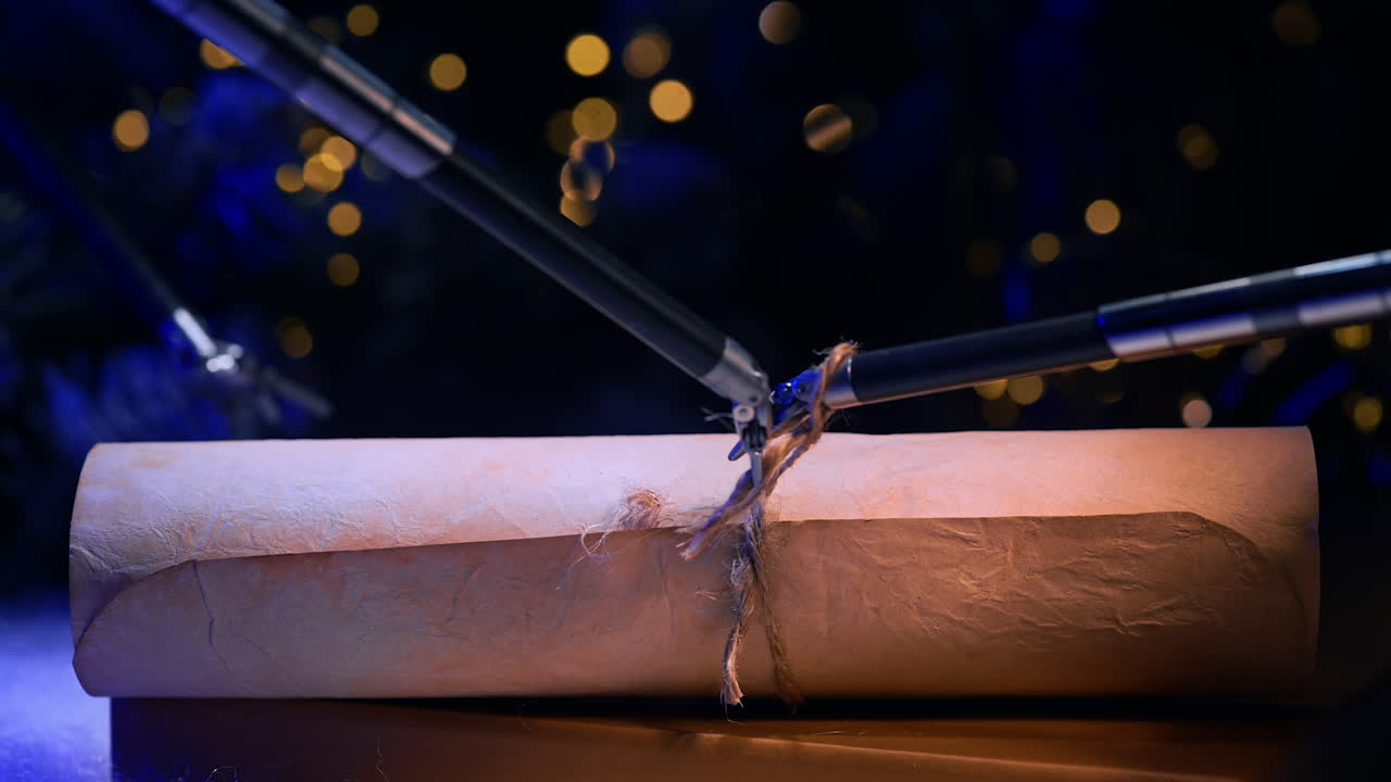 Small forceps of robotic arms tie a rope on the scroll. High precise equipment performs delicate work making a knot. Close up. Dark backdrop with blurred lights.