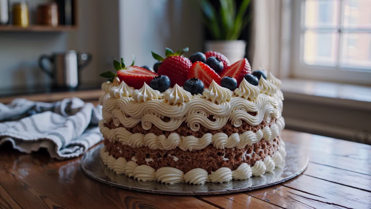 A rustic-style video shot of a layered cake with berries, captured at eye level in a cozy kitchen