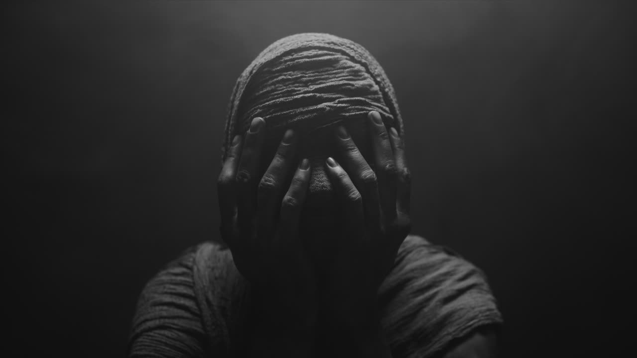 A mummified woman against the dark background in keeps her hands on her face the powerful pose full of despair
