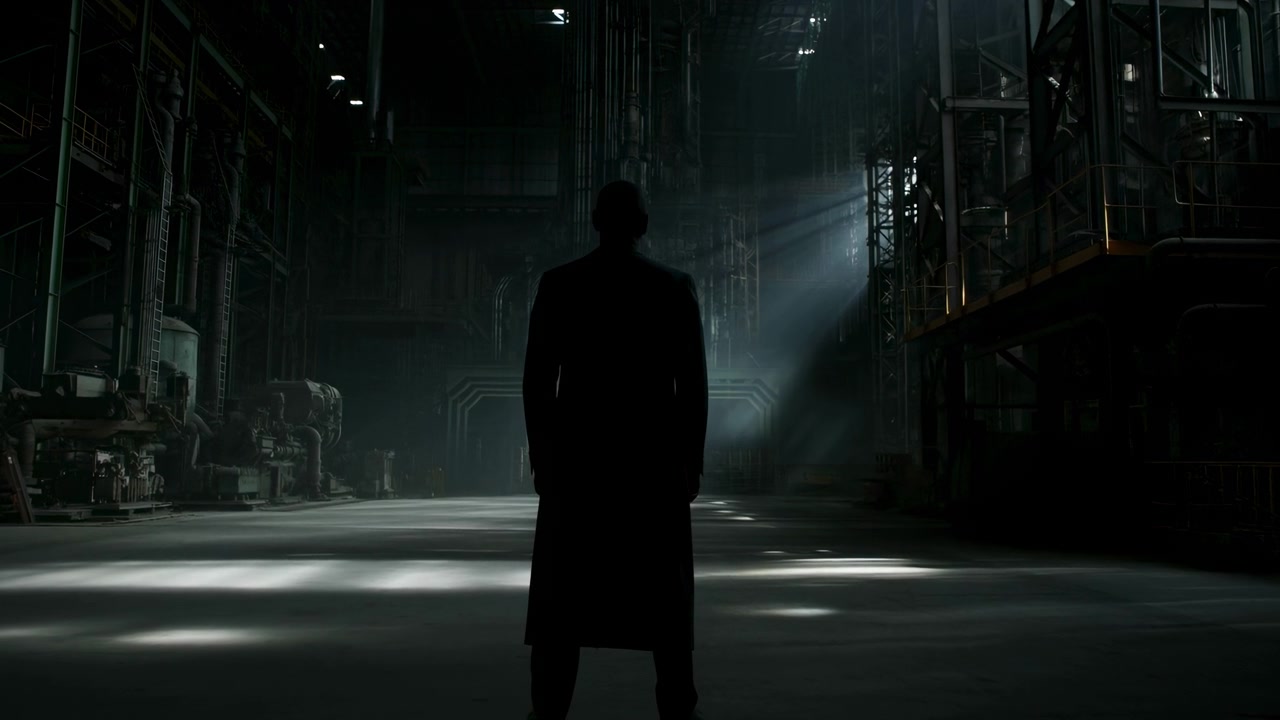 Uomo in silhouette in un magazzino industriale, raggi di luce retroilluminati tagliano polvere e nebbia, cappotto lungo e postura rigida.