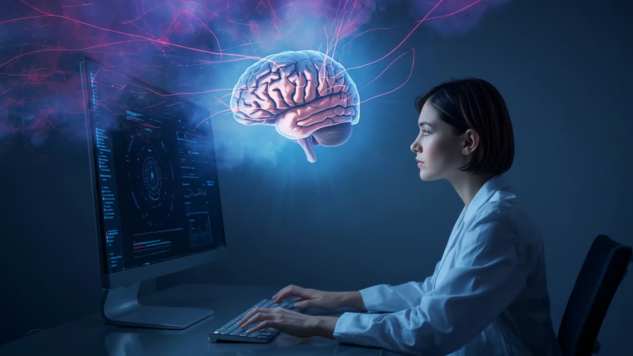 Typing scientist in lab coat analyzing code as 3D brain hologram materializing in lab, copy space