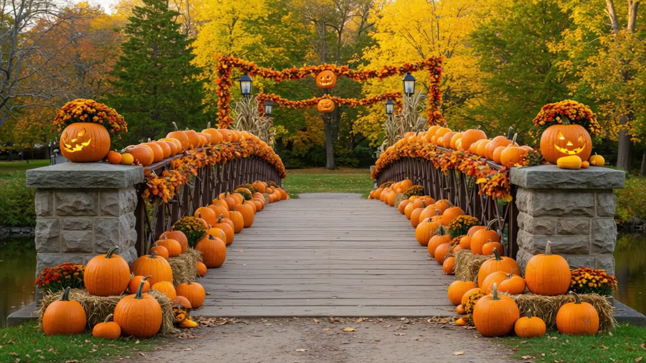 Enchanting Autumn Bridge Adorned with Vibrant Pumpkins and Festive Decorations, Capturing the Essence of Fall and Halloween Spirit in a Picturesque Landscape