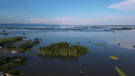 Aerial-view-of-flooded-rural-village-area-submerged-in-flood-water