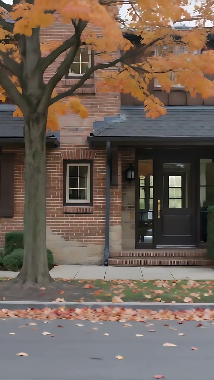 Vertical video: Panning camera right on residential street to reveal tree and front door