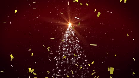 Animation-of-christmas-tree,-confetti-and-snow-falling-in-winter-scenery