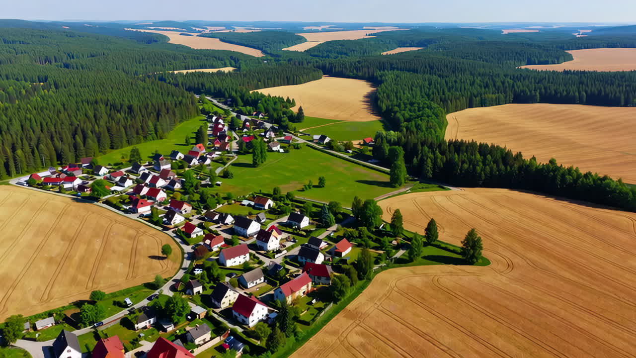 Aerial View of a Small Village Surrounded by Fields and Forest