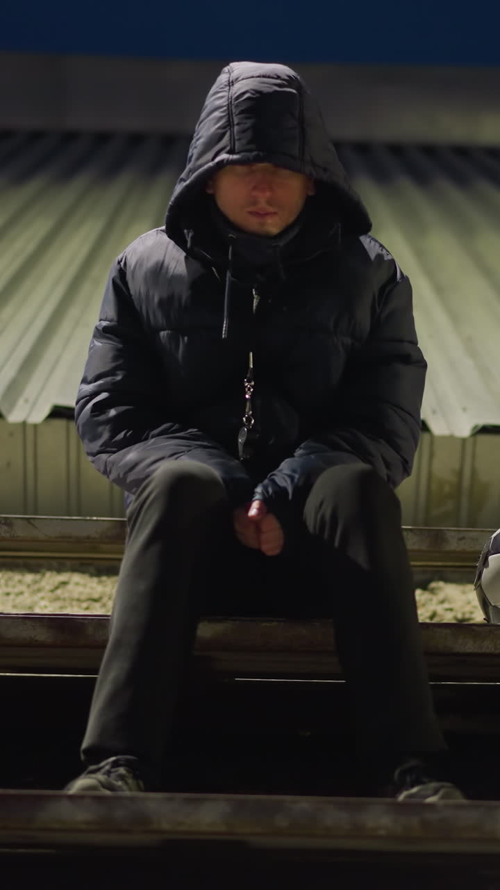 un hombre vestido con un traje negro y una chaqueta con capucha se sienta solo en un estadio vacío, con una pelota de fútbol colocada a su lado