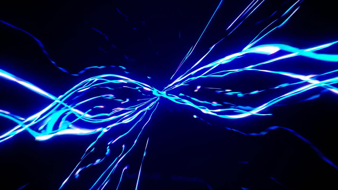 Dynamic video concept with neon blue light trails converging from a central point
