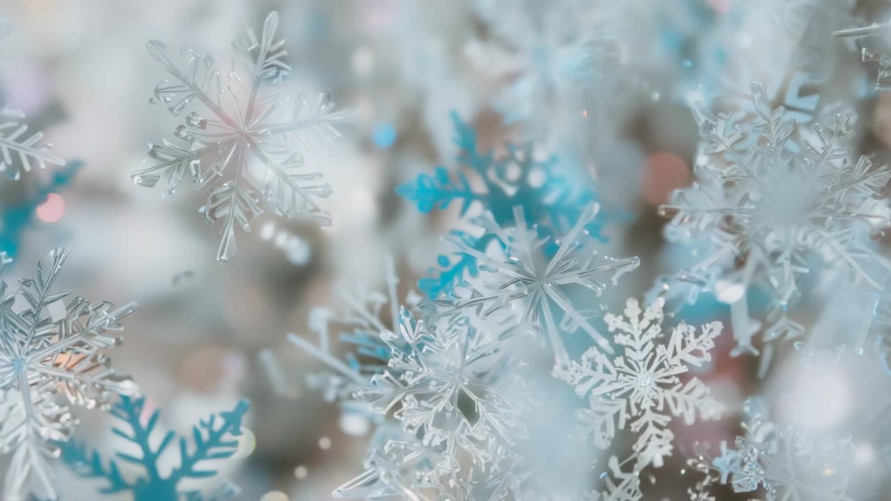 Catching light, large snowflake causing flakes and sparkles drifting upward against pastel backdrop