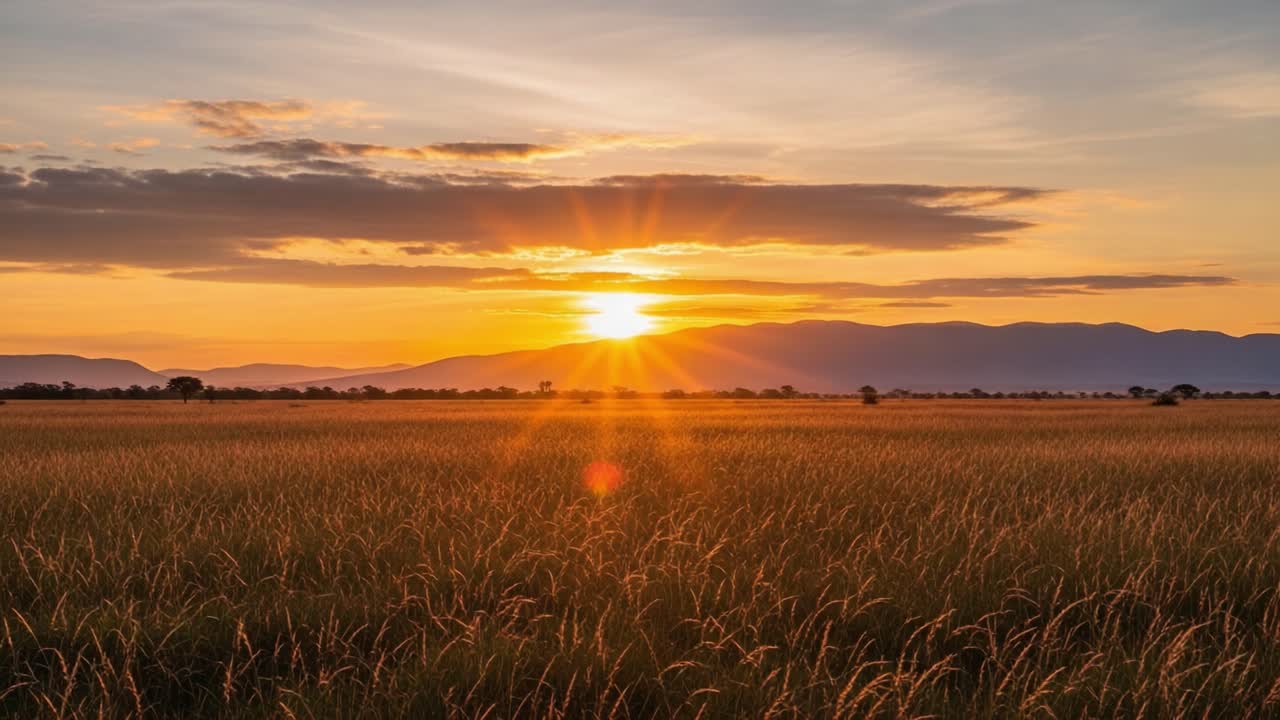 Sunset over a vast grassy field with mountains in the background