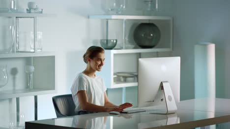 business consultant starting video call waving at client cozy home workplace.