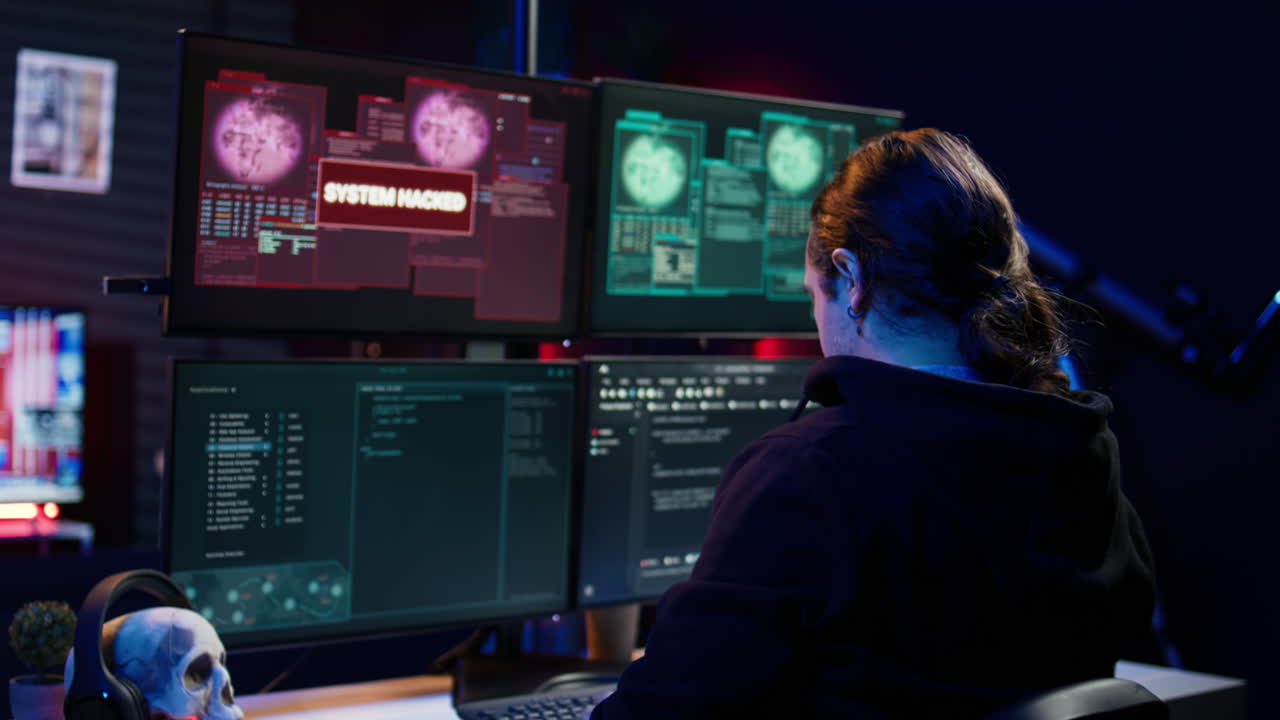 Happy hacker in apartment having burst of joy after managing to steal data