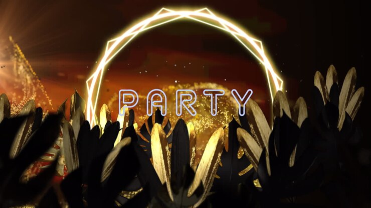 Animation von Party-Text und Neonkreisen über Blättern auf schwarzem Hintergrund mit Lichtflecken