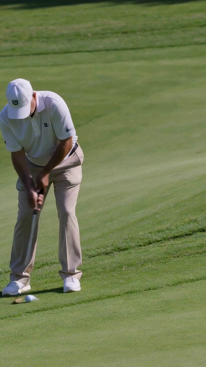 Video verticale: Uomo con cappellino che si allinea ed esegue un putt con il putter, palla che rotola sul green, mirando a imbucare