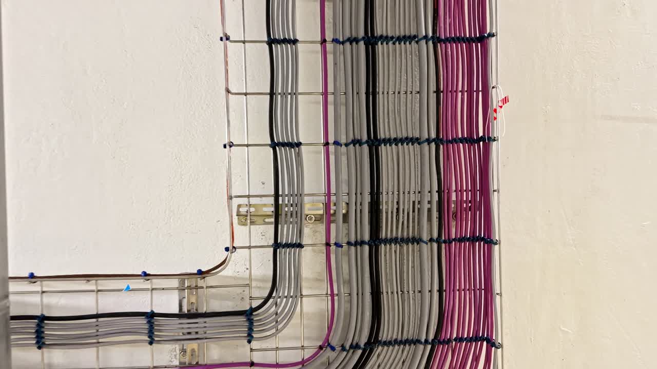 Corridoio di un data center industriale con cavi di alimentazione e sistemi tecnici.