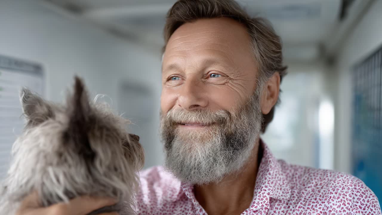Um momento alegre compartilhado: um homem sorrindo com um cachorro barbudo em um ambiente interno aconchegante celebra o vínculo de amizade e confiança