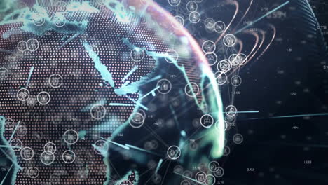 animation of globe and network of connections with icons and data processing on black background