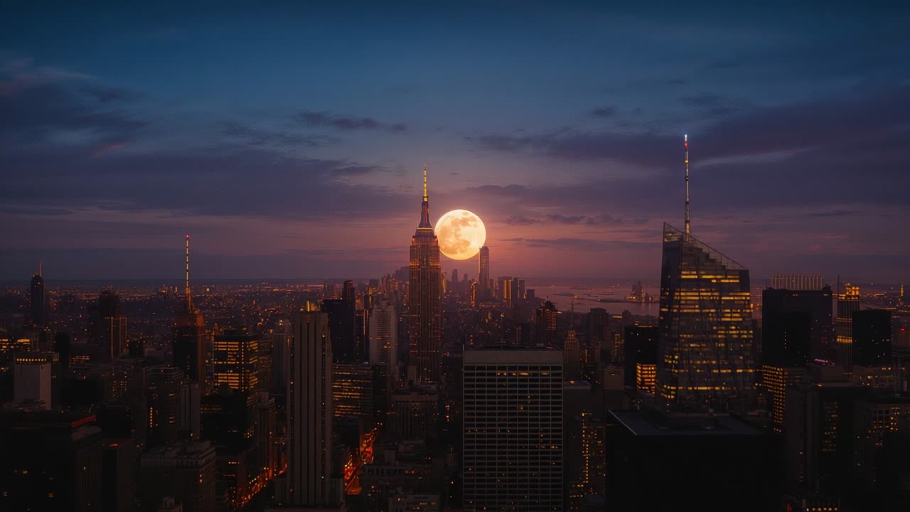 Empire State Building and full moon rising over midtown as twilight deepening, with glowing streets