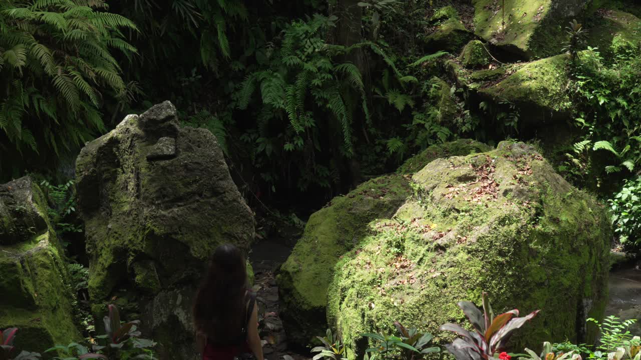 Tourist visiting Goa Gajah excavation site Bali Indonesia jungle archaeological discovery ancient