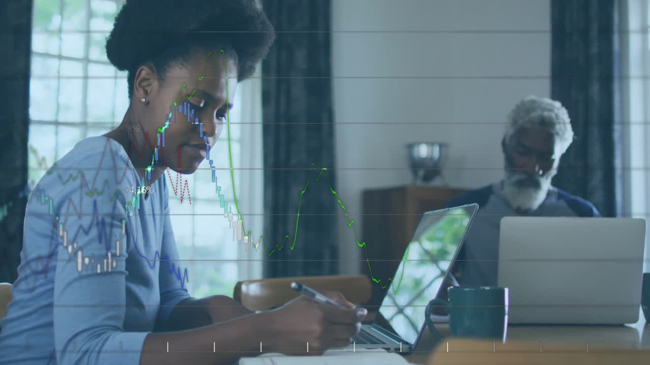 Animation of financial data processing over african american woman using laptop