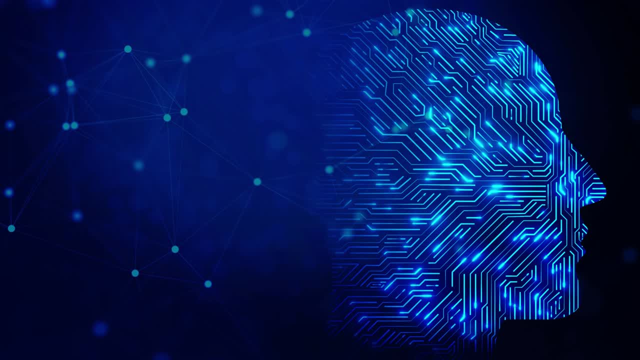 4k bucle de inteligencia artificial contorno de la cabeza humana con placa de circuito dentro de la animación.
