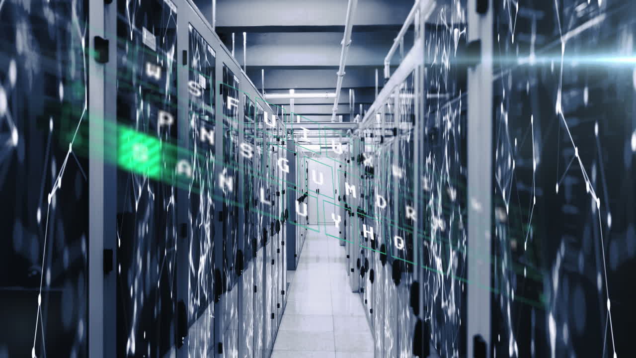 Animation of data processing against network of connections over computer server room