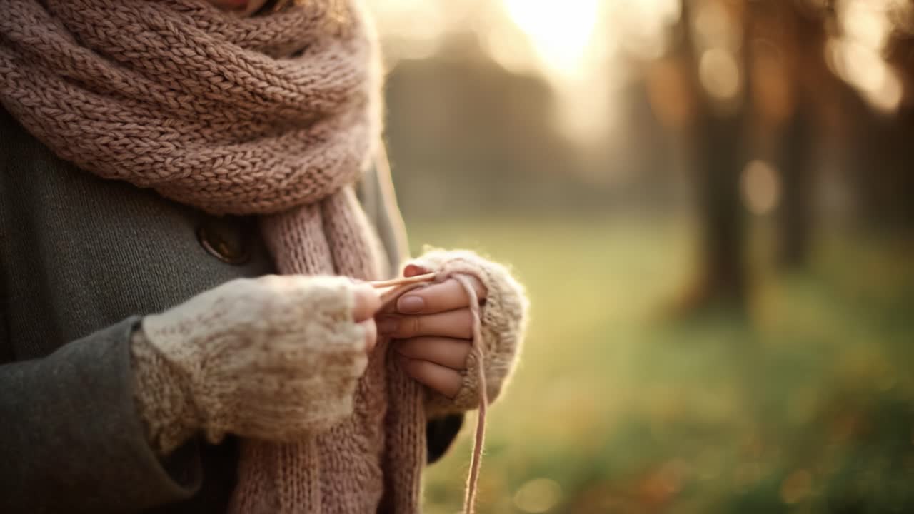 A Cozy Crafting Moment: Capturing the Serenity of Knitting in Nature as the Sun Sets with Warm Textures and Soft Colors in the Background